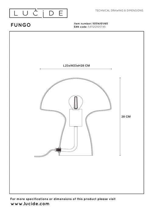 Lucide FUNGO - Table lamp - 1xE27 - Smoke Grey - technical